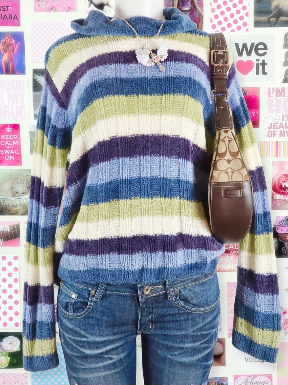 vintage y2k striped chenille hoodie blue green purple 2000s